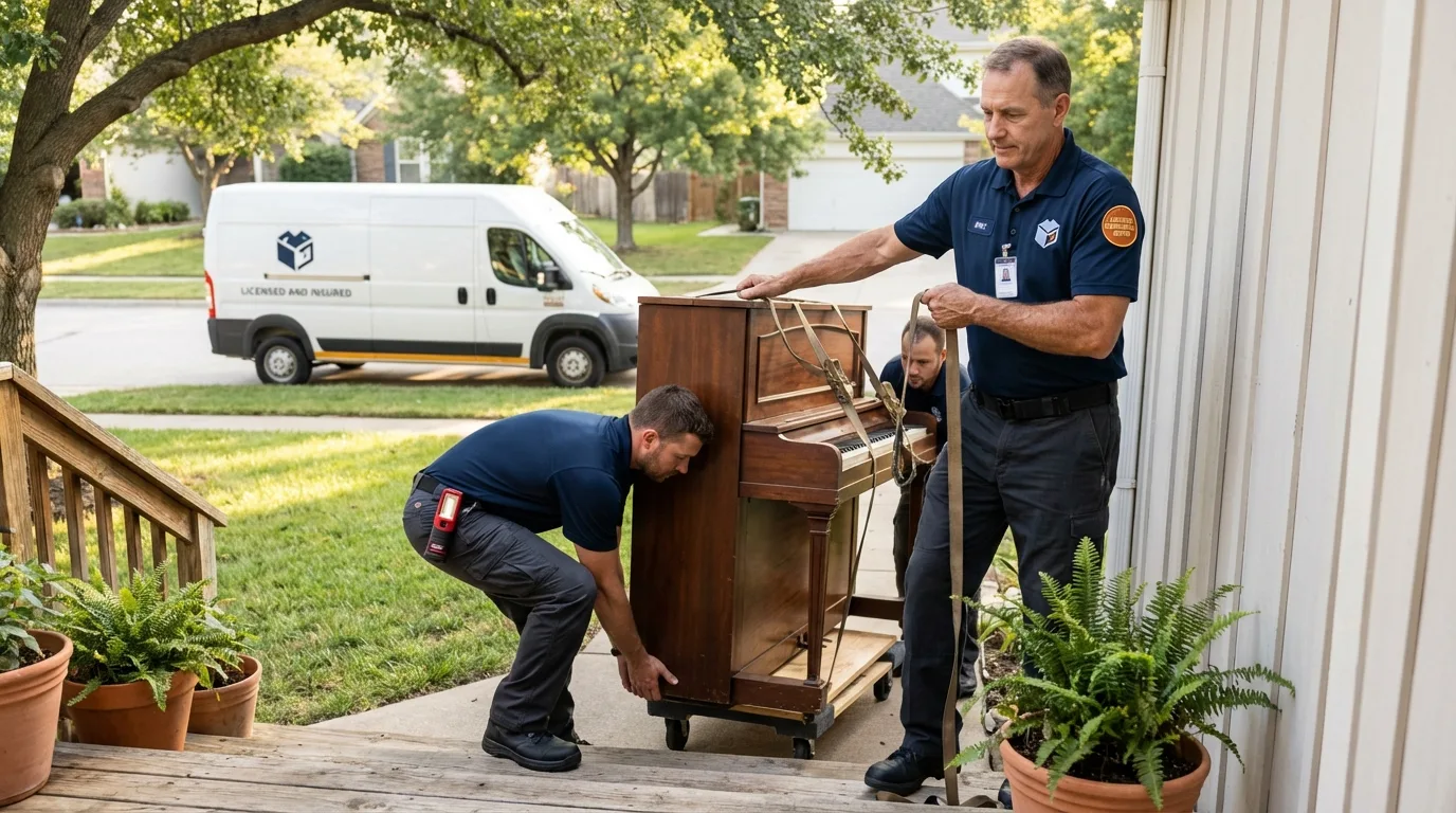 Licensed piano movers securing grand piano in Clifton, CO