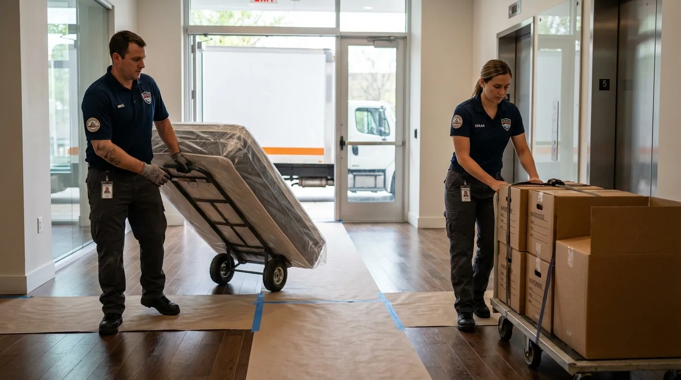 Professional apartment movers loading elevator in Clifton, CO
